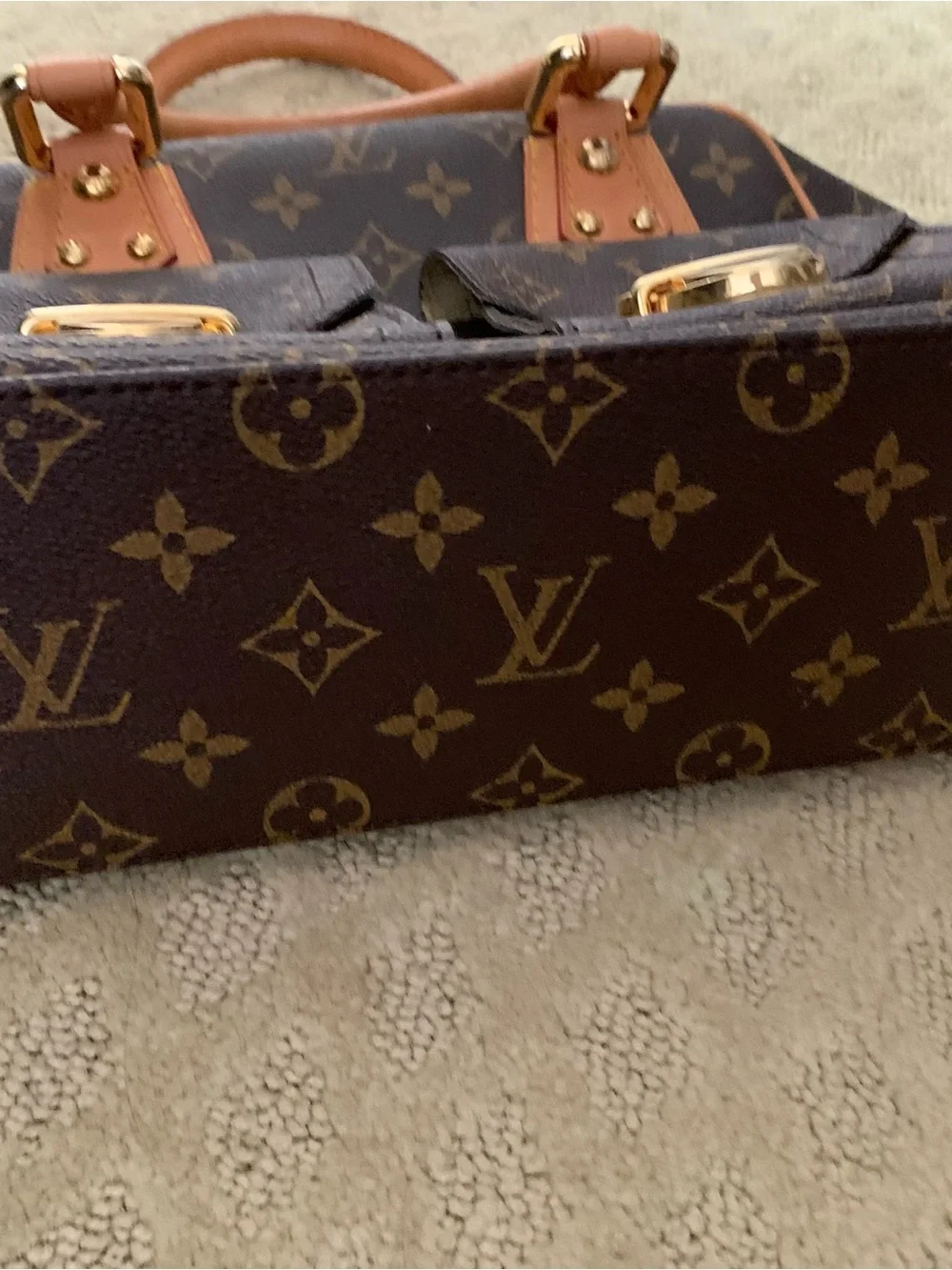 Louis Vuitton Monogram Canvas Dual Front Pocket Satchel with Tan Trim